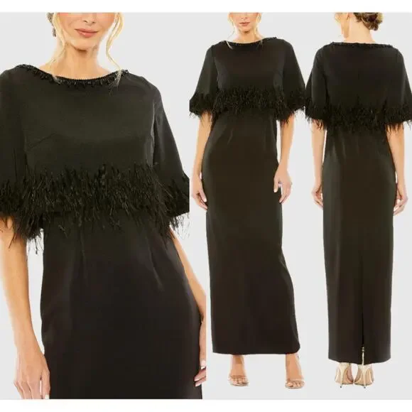 Mac Duggal Women's Quarter Sleeve Crystal Neck Feather Gown Black Size 12 NWT - Picture 3 of 9